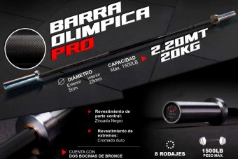 Barra Olímpica Recta PROFESIONAL 2.20 m. / 20 Kg. + 1 Par de Seguros Metálicos